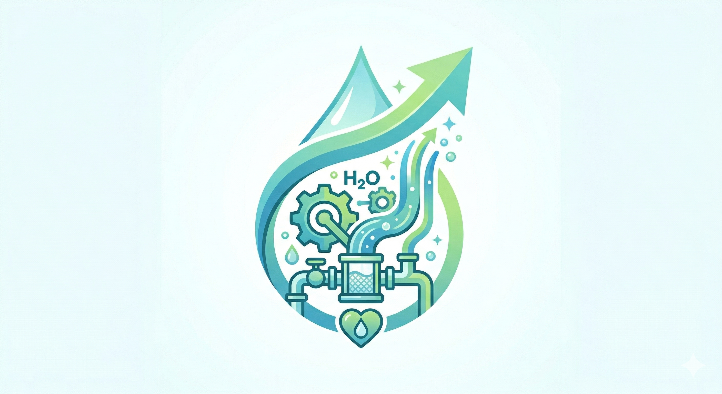 Grafika przedstawiabłękitno-zieloną kropelkę wody, z której wyrasta dynamiczna strzałka skierowana w górę, symbolizująca rozwój i modernizację. Wewnątrz kropelki wkomponowane są abstrakcyjne kontury k