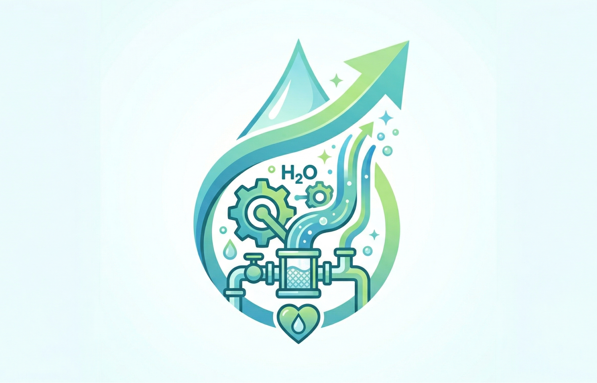 Grafika w stylu nowoczesnej, płaskiej ikony na jednolitym, jasnym tle. Przedstawia błękitno-zieloną kropelkę wody, z której wyrasta dynamiczna strzałka skierowana w górę, symbolizująca rozwój i modern