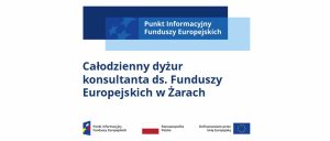 Grafika przedstawi dwa niebieskie prostokąty z napisem Punkt Informacyjy Funduszy Europejskich. Całodzienny dyżur MPI w Żarach, 14.05.2026 r., dodatkowo logotypy Unii Europejskiej