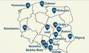 Grafika przedstawia mapę Polski z zaznaczonymi miastami w których realizowane będą projekty