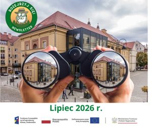 Zdjęcie poglądowe do publikacji newslettera. Na zdjęciu lornetka skierowana na budynek teatru. W szkłach lornetki zbliżenie budynku. Na dole napis Lipiec 2026 i ciągi znaków FE.